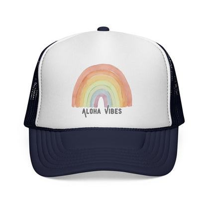 Trucker hat with a rainbow and 'Aloha Vibes' text on a white background
