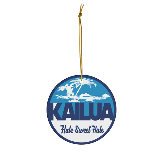 Blue and white Kailua Hale Sweet Hale ceramic ornament featuring palm trees and the Mokulua islands.
