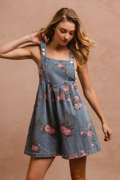 Flower Printed Wide Strap Denim Overalls