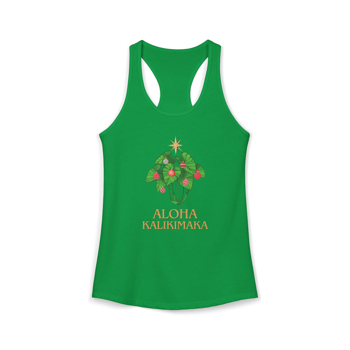 Kelly green women’s racerback Christmas tank featuring a festive kalo leaf Christmas tree and Aloha Kalikimaka design.