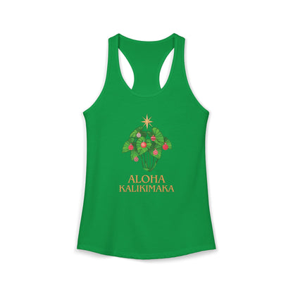Kelly green women’s racerback Christmas tank featuring a festive kalo leaf Christmas tree and Aloha Kalikimaka design.