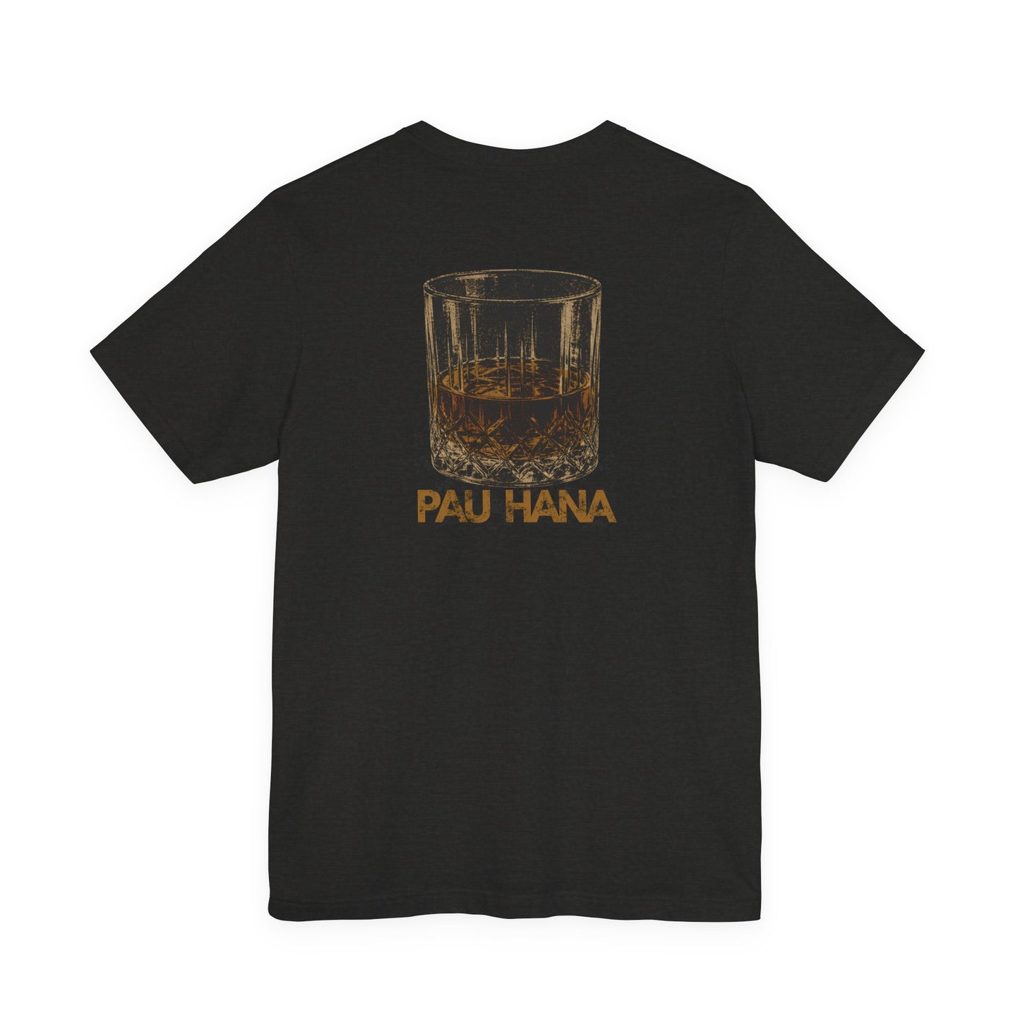 Black t-shirt with a small logo on the back against a white background