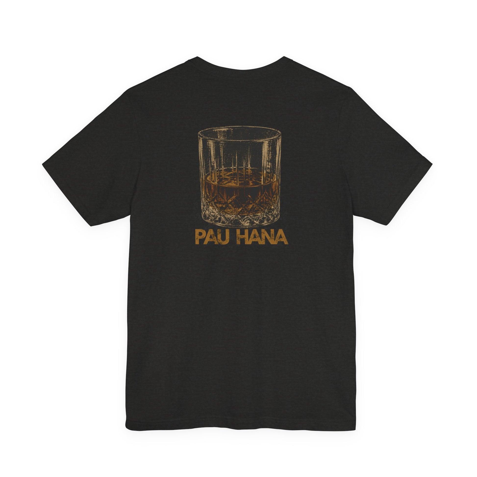 Black t-shirt with a small logo on the back against a white background