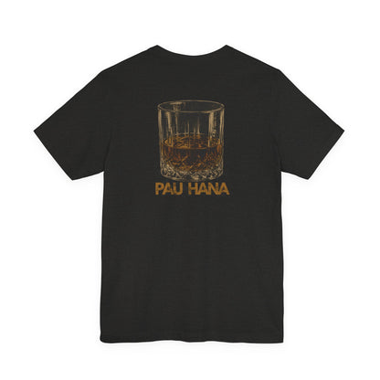 Black t-shirt with a small logo on the back against a white background