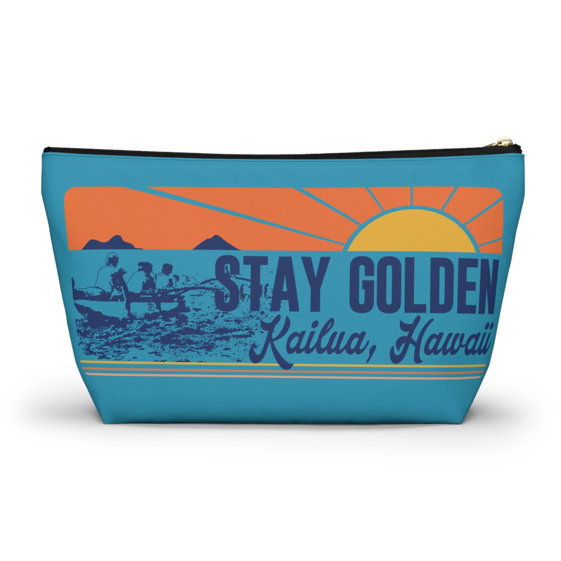 A rectangular zippered pouch with a retro sunset graphic and the text 'STAY GOLDEN Kailua, Hawaii' on a white background.