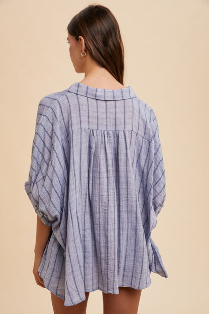 Dusty Blue Striped Button Up Half Sleeve Top