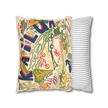 Decorative faux suede throw pillow cover featuring an original hand-drawn illustration of Kailua, Hawaii landmarks, beaches, surfing, paddling, turtles, and island icons.