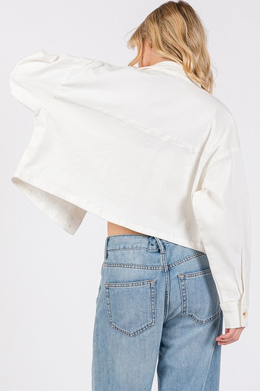 White Crop Denim Jacket with Patch Pockets