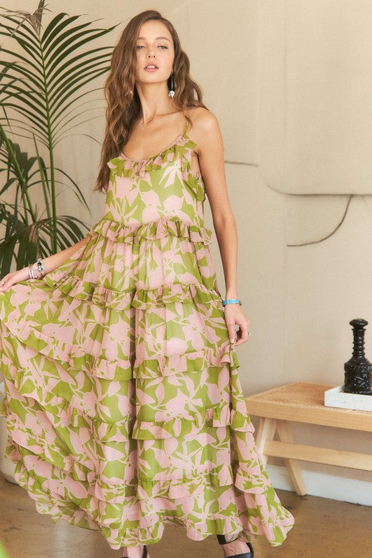 Ruffled Tiered Pink/Sage Floral Maxi Dress