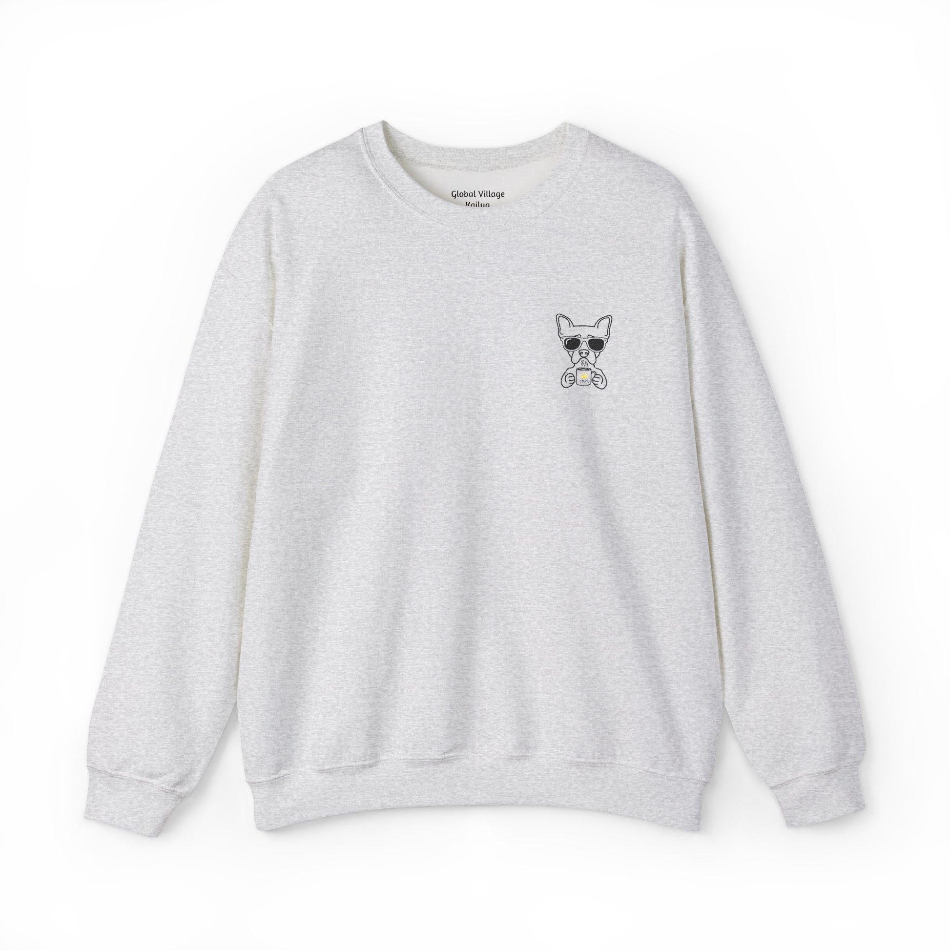 Ash gray sweatshirt with an embroidered dog drinking a cup of coffee on a white background