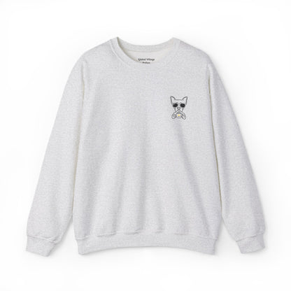 Ash gray sweatshirt with an embroidered dog drinking a cup of coffee on a white background