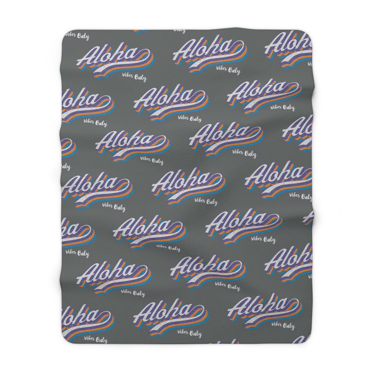 Aloha Vibes Only sherpa fleece blanket with retro island-inspired all-over print on charcoal gray