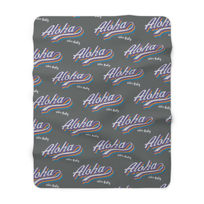 Aloha Vibes Only sherpa fleece blanket with retro island-inspired all-over print on charcoal gray