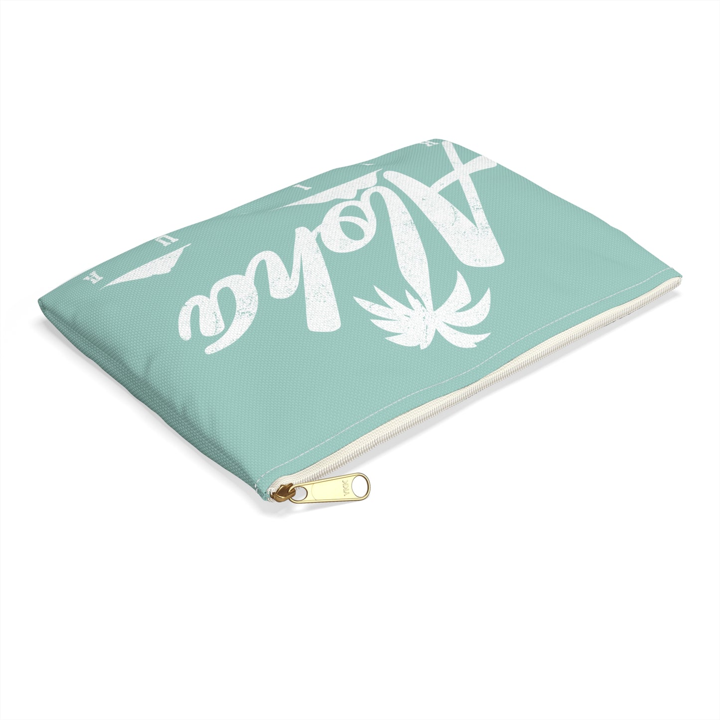 A mint green zippered pouch featuring a white distressed graphic that reads 'Aloha KAILUA' with a palm tree and mokulua islands, shown on a plain white background.