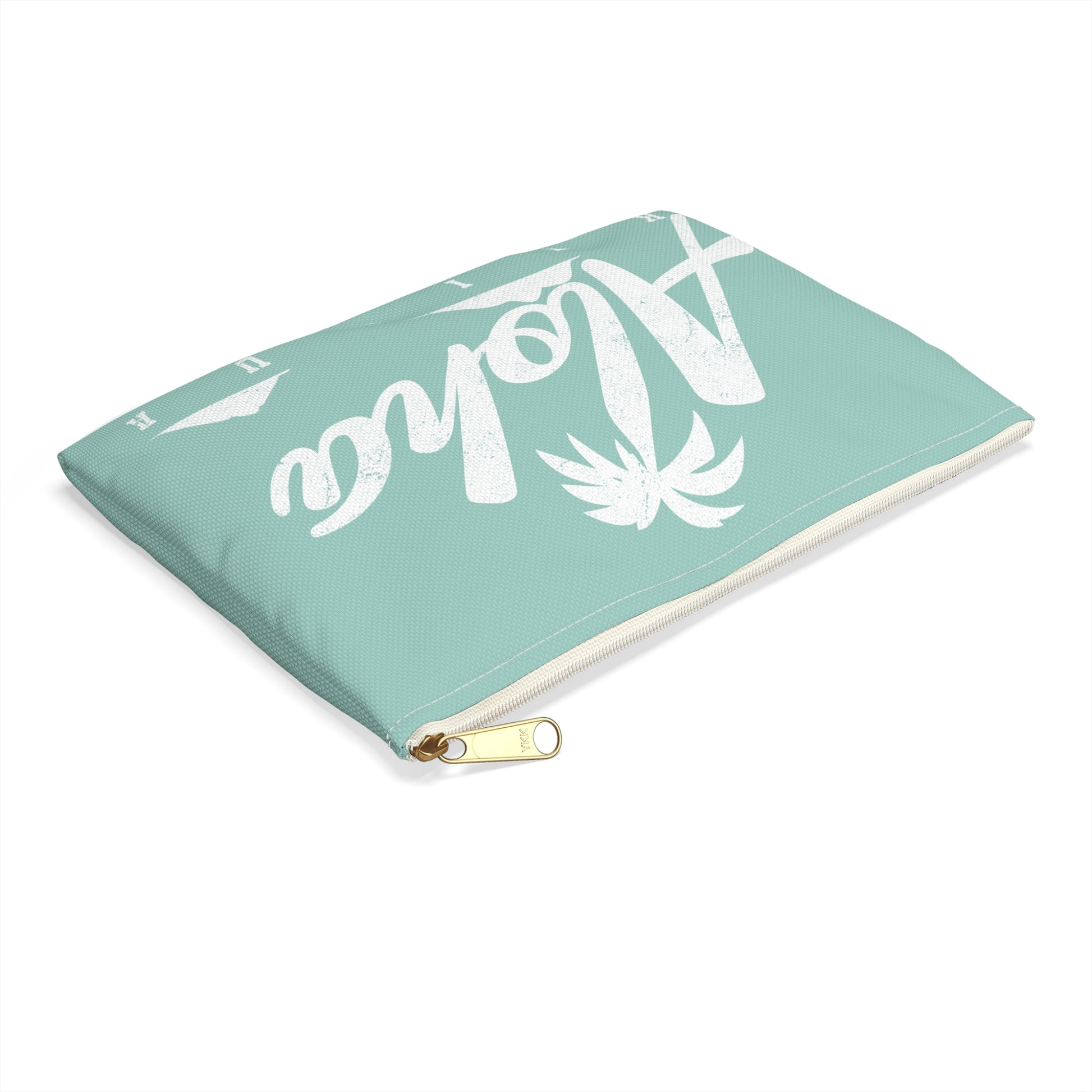 A mint green zippered pouch featuring a white distressed graphic that reads 'Aloha KAILUA' with a palm tree and mokulua islands, shown on a plain white background.