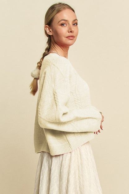 Ivory Diamond Cable Pattern Drop Shoulder Sweater