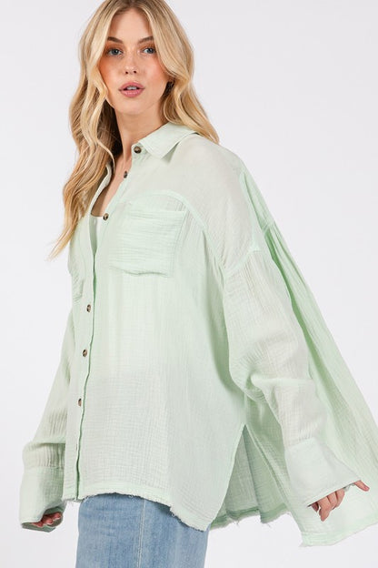 Mint Frayed Hem Cotton Button Down Shirt