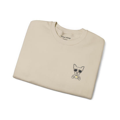 Folded sand sweatshirt with an embroidered dog drinking a cup of coffee on a white background
