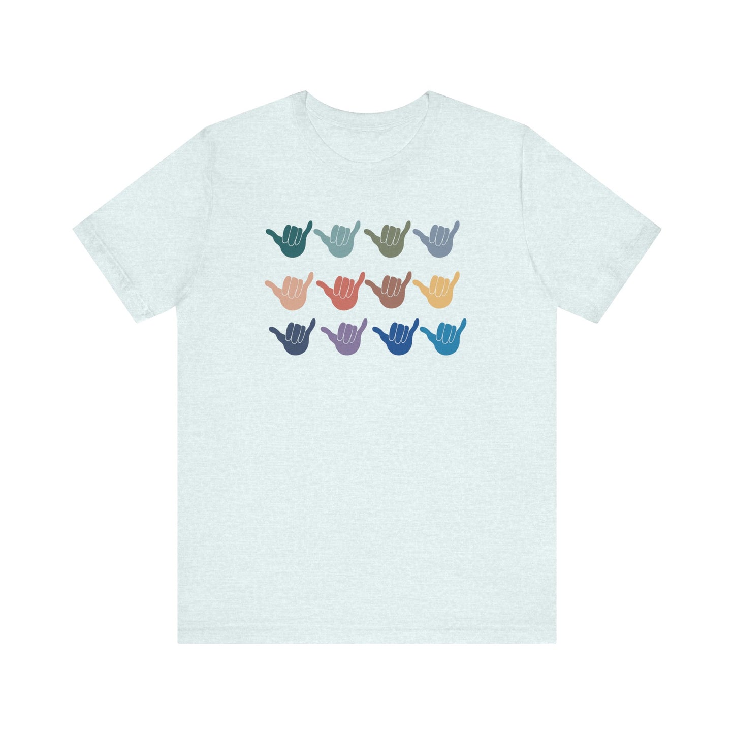A light blue crewneck t-shirt featuring a graphic of nine shaka signs in various colors arranged in a 3x3 grid on the chest.