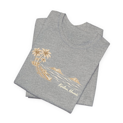 Folded Athletic Heather unisex graphic tee with hand-drawn Kailua canoe, palm trees and Mokulua Islands artwork