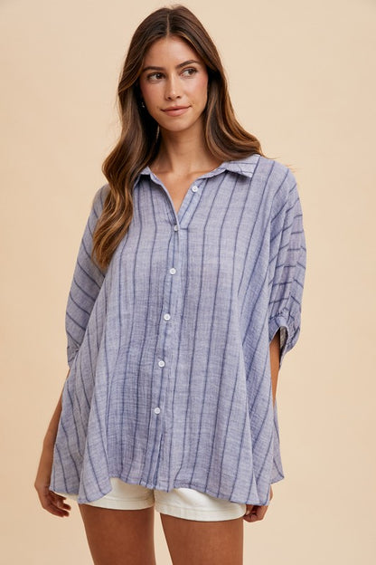 Dusty Blue Striped Button Up Half Sleeve Top