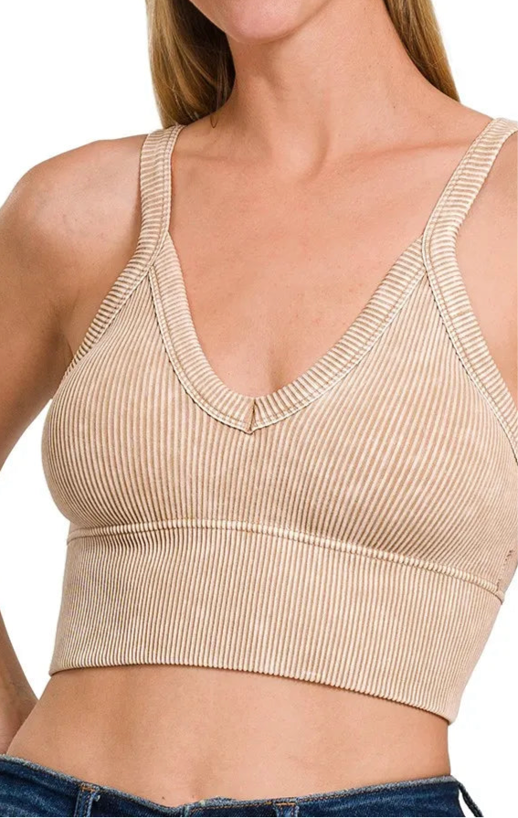 Beige Ribbed Bralette – V-Neck, Wireless & Comfy