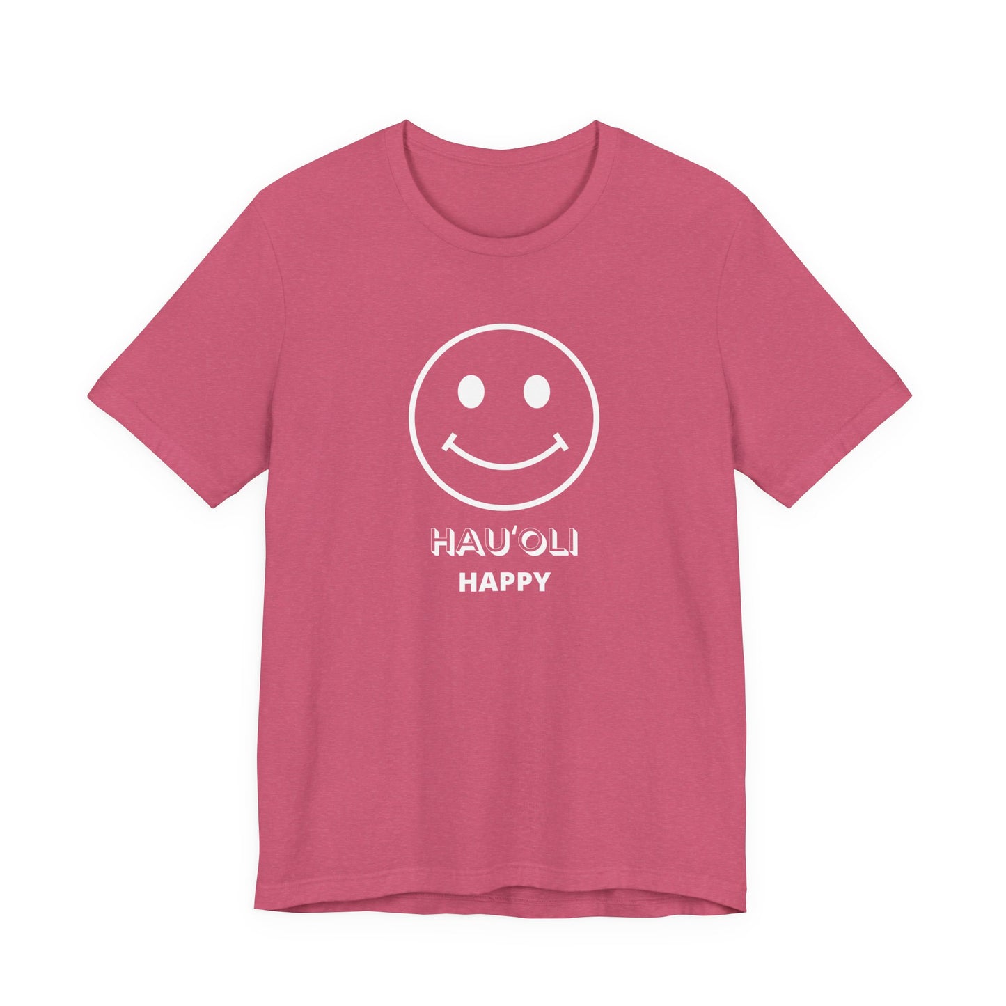 Pink t-shirt with white text on a white background
