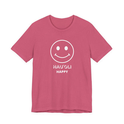 Pink t-shirt with white text on a white background