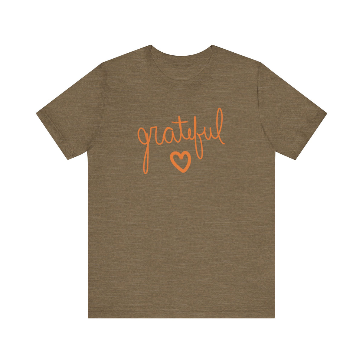A heather olive short-sleeve t-shirt with the word 'grateful' written in orange cursive script and a matching orange heart outline on the chest, displayed against a solid white background.