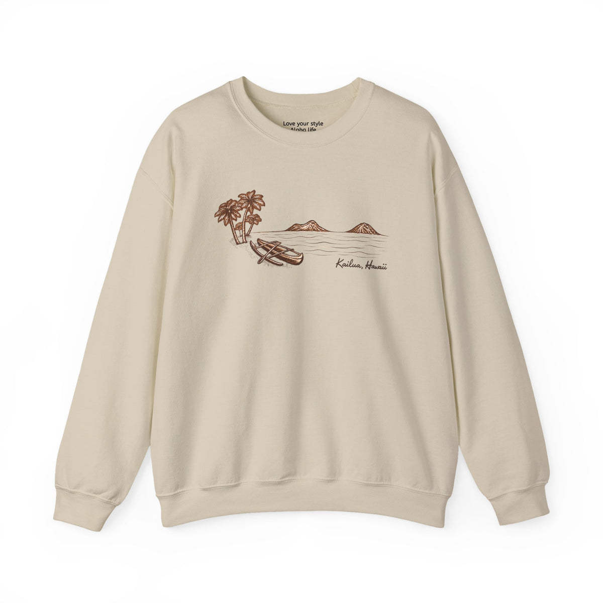 Tonal hand-drawn Kailua canoe and Mokulua Islands unisex sweatshirt in warm neutral shades