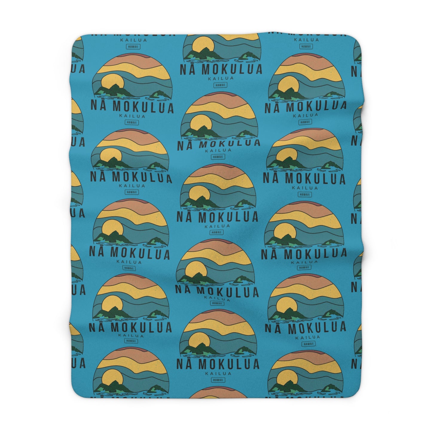 Nā Mokulua Kailua Hawaiʻi sherpa fleece blanket with colorful island print and plush cream backing