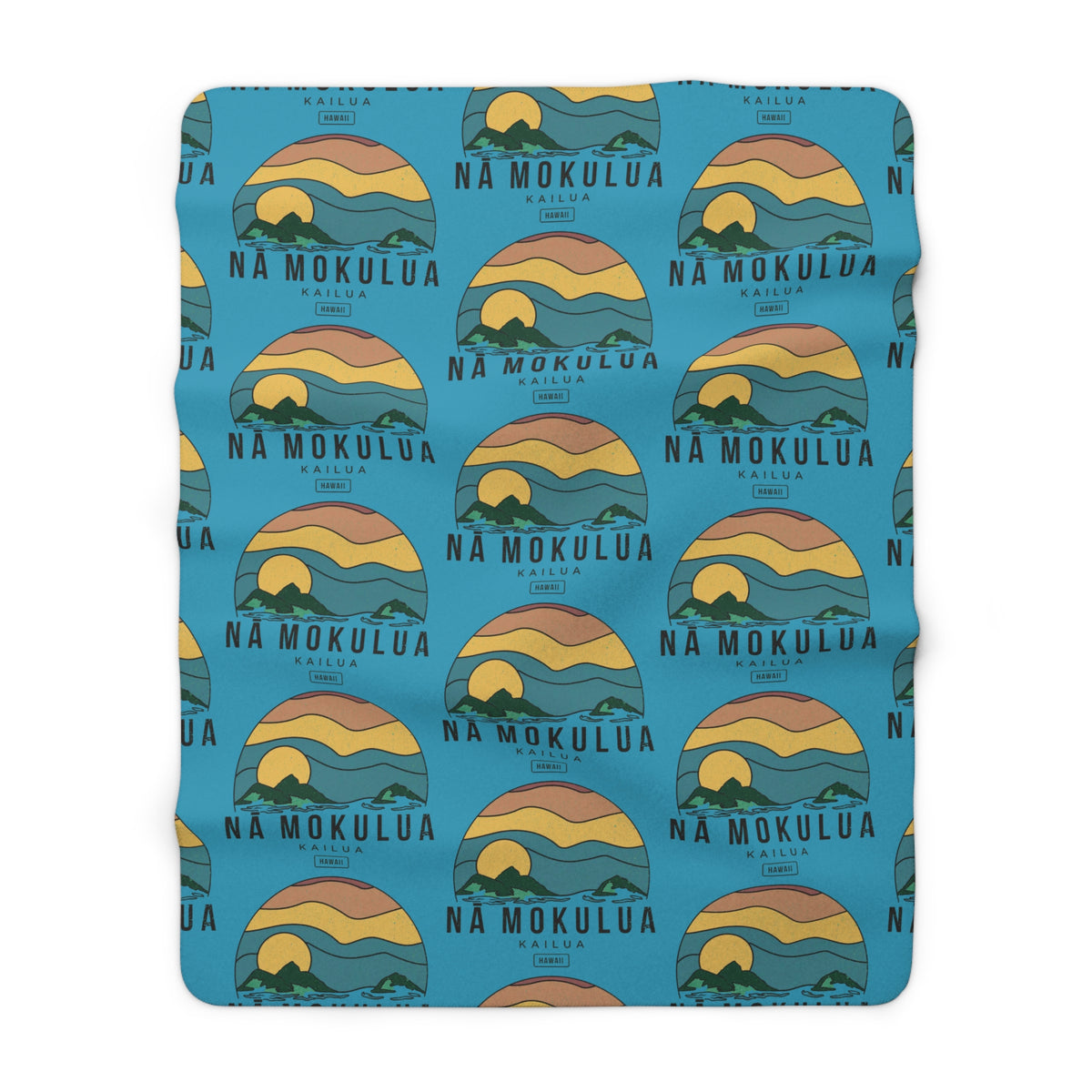 Nā Mokulua Kailua Hawaiʻi sherpa fleece blanket with colorful island print and plush cream backing