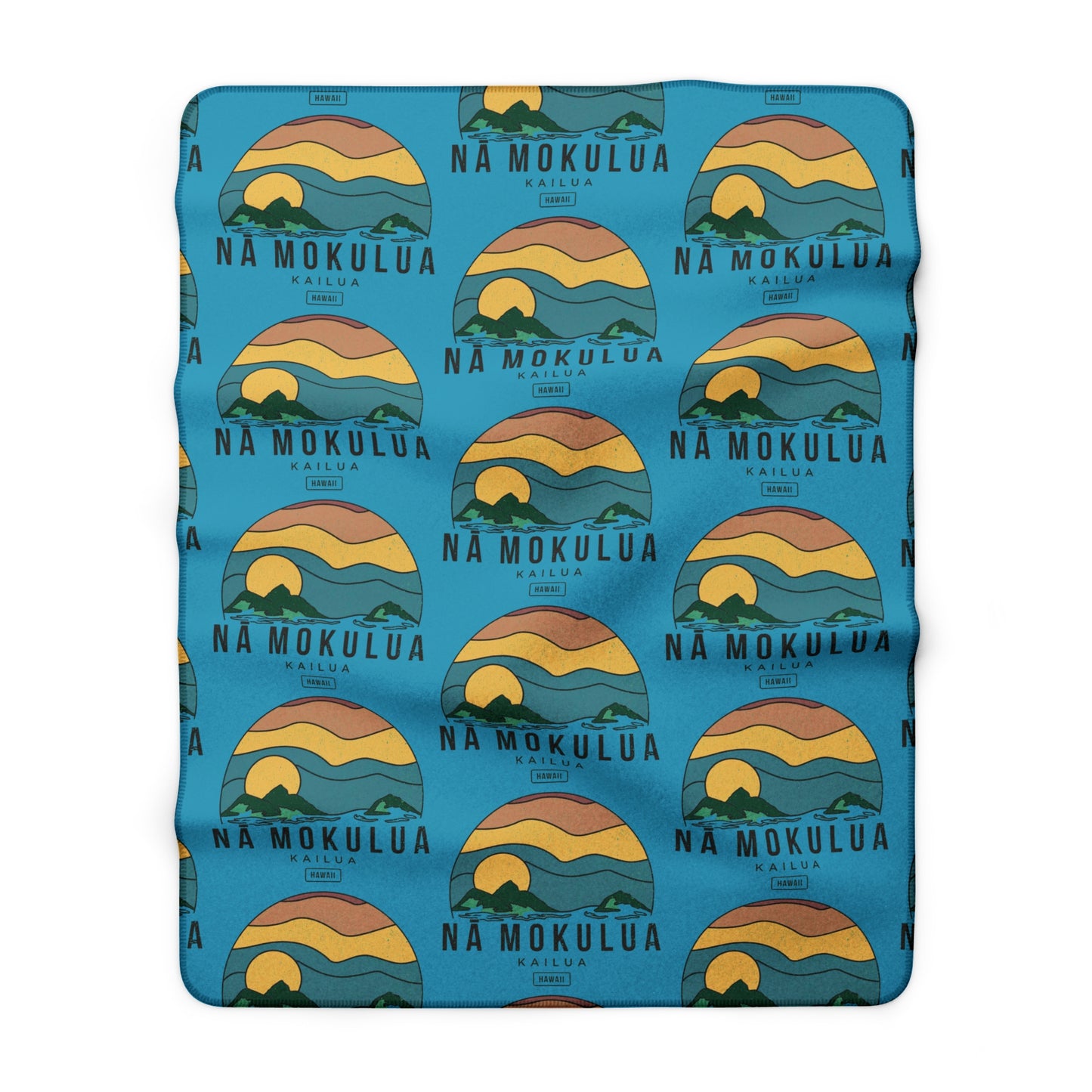 Nā Mokulua Kailua Hawaiʻi sherpa fleece blanket with colorful island print and plush cream backing