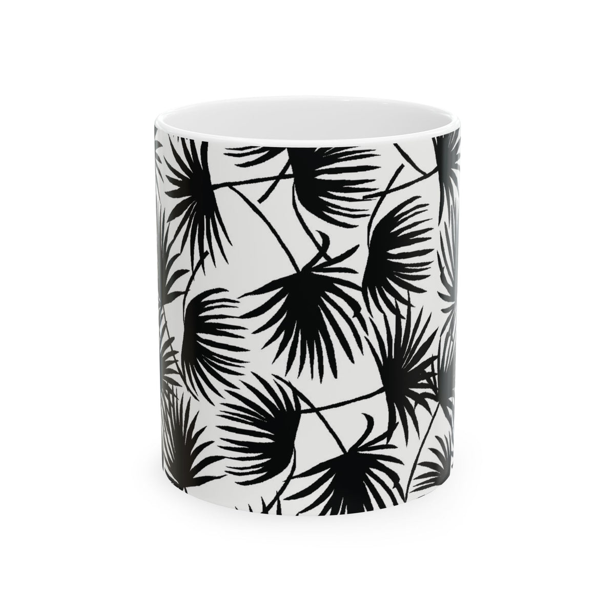 Palm Fan Black coffee mug with black and white tropical palm print by Global Village Kailua