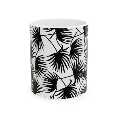 Palm Fan Black coffee mug with black and white tropical palm print by Global Village Kailua