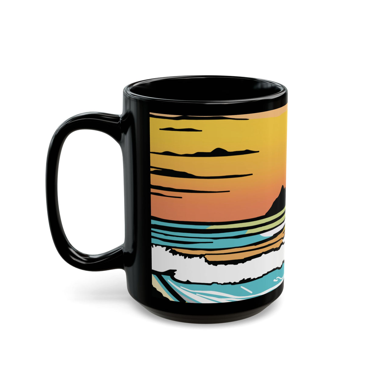 Summer Sunrise black coffee mug with Kaʻōhao Hawaiʻi inspired artwork by Global Village Kailua