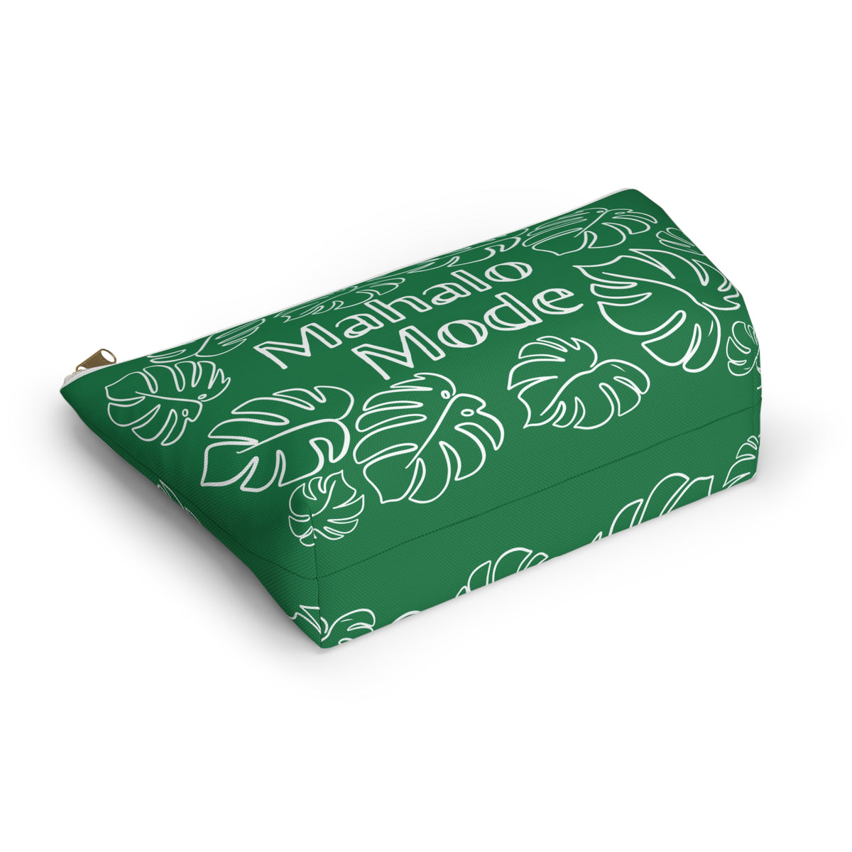A green zippered pouch with a white tropical leaf pattern and the words 'Mahalo Mode' printed on the front, shown on a clean white background.