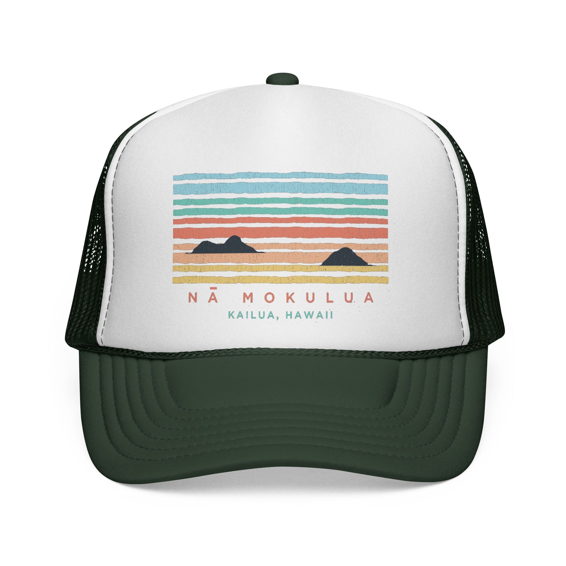 A white and dark green trucker hat with a colorful sunset graphic on the front panel that reads 'NÁ MOKULUA KAILUA, HAWAII'.
