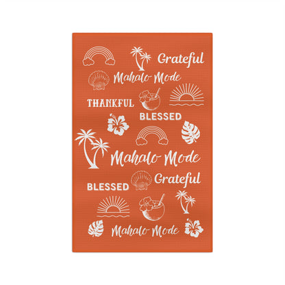Orange Mahalo Mode kitchen towel with thankful grateful blessed and tropical island motifs