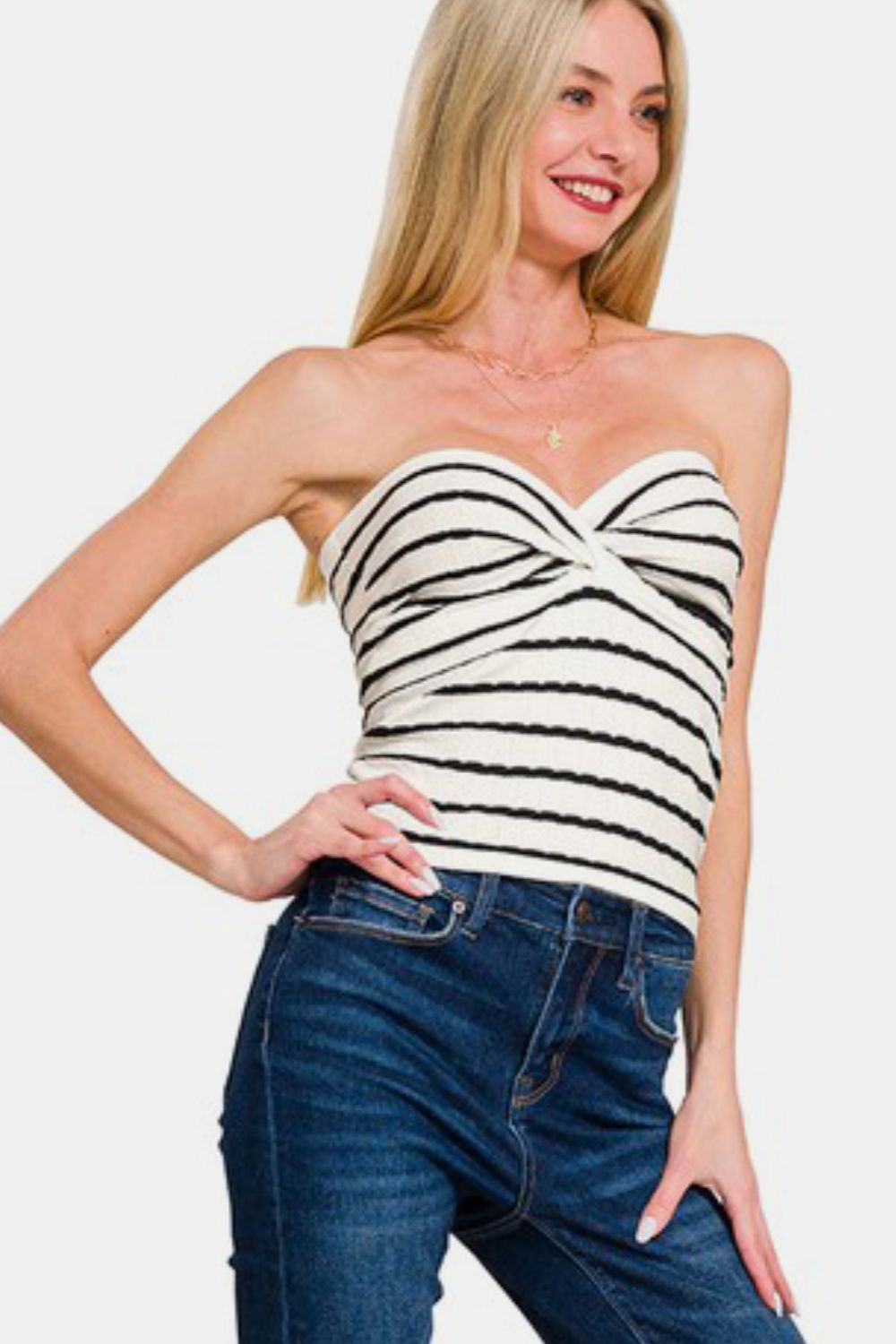 Twisted Sweetheart Neck Striped Tube Top Ivory