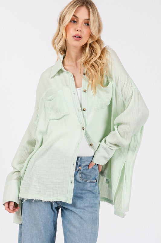 Mint Frayed Hem Cotton Button Down Shirt