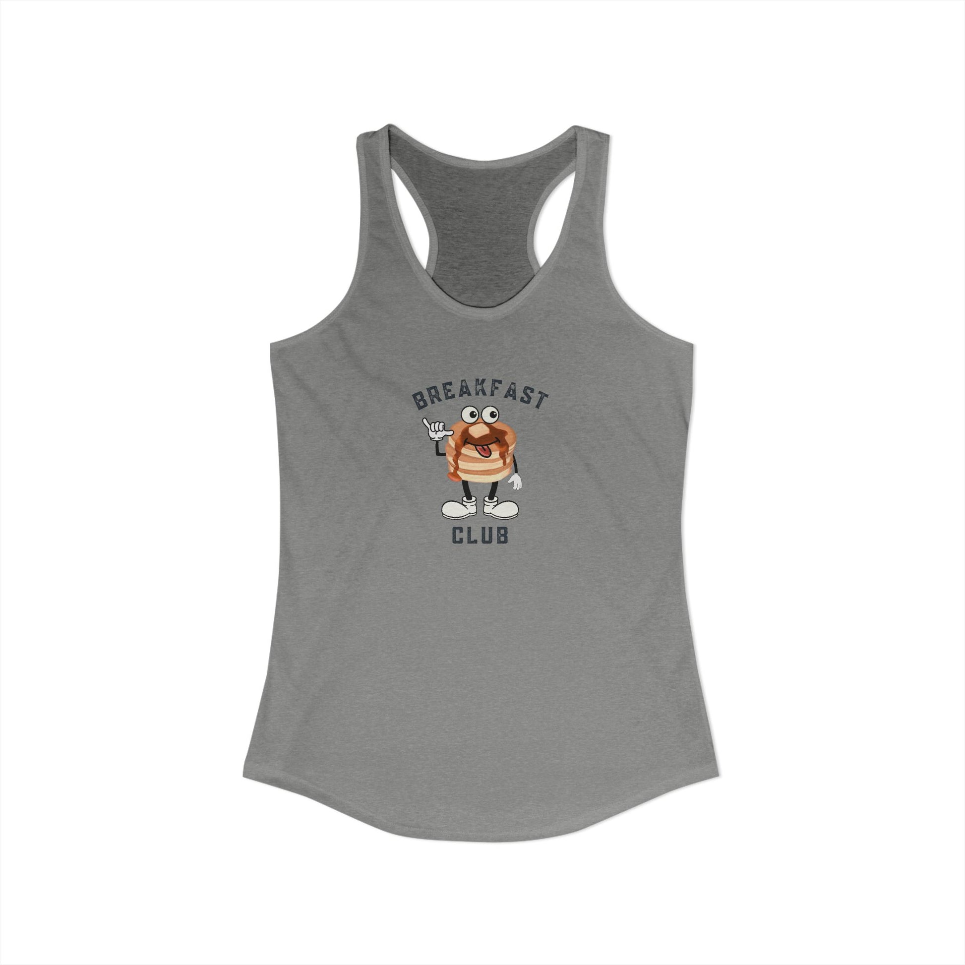 Gray tank top with cartoon pancake short stack image and 'Breakfast Club' text on a white background