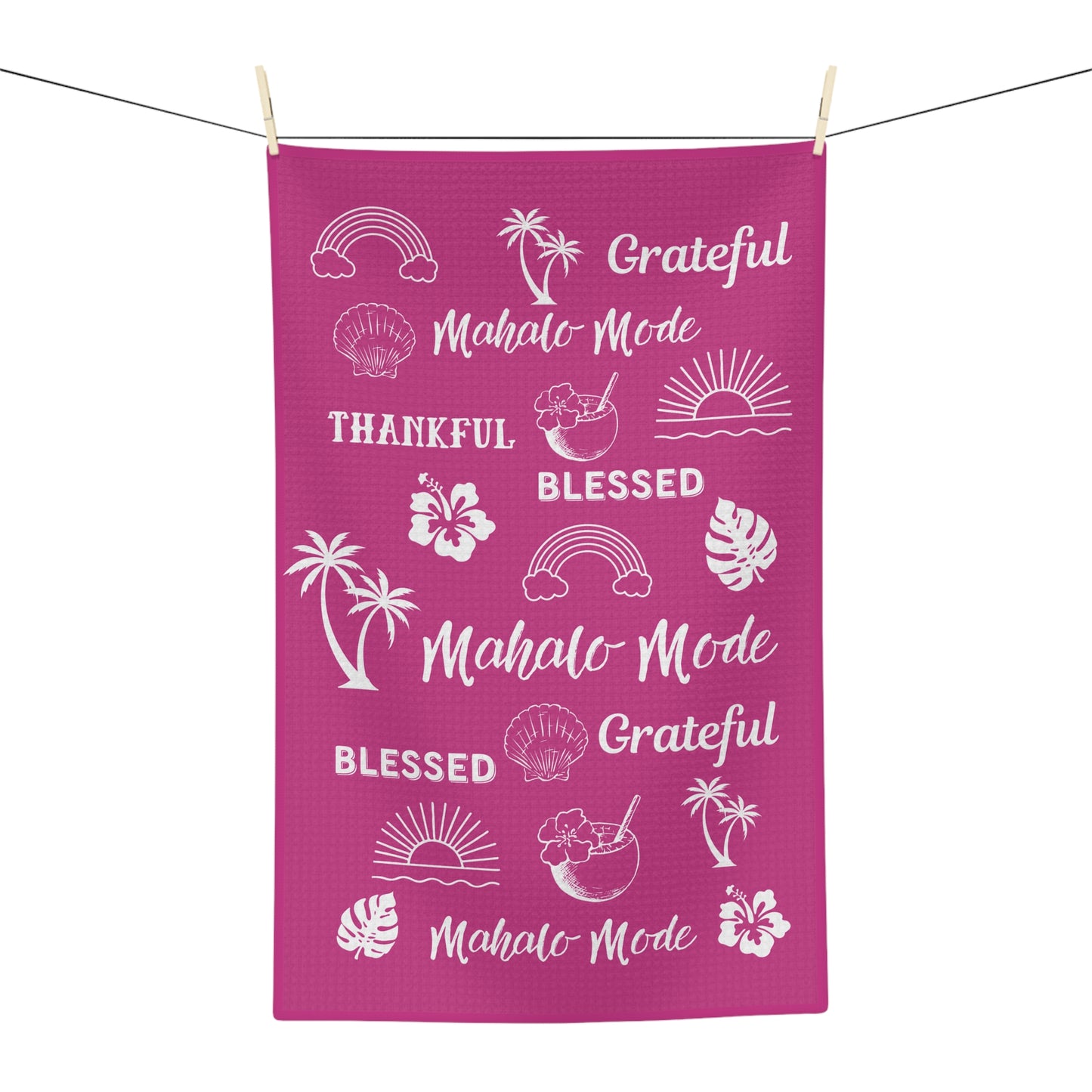 Raspberry Mahalo Mode kitchen towel with thankful grateful blessed and tropical island motifs