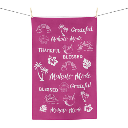 Raspberry Mahalo Mode kitchen towel with thankful grateful blessed and tropical island motifs
