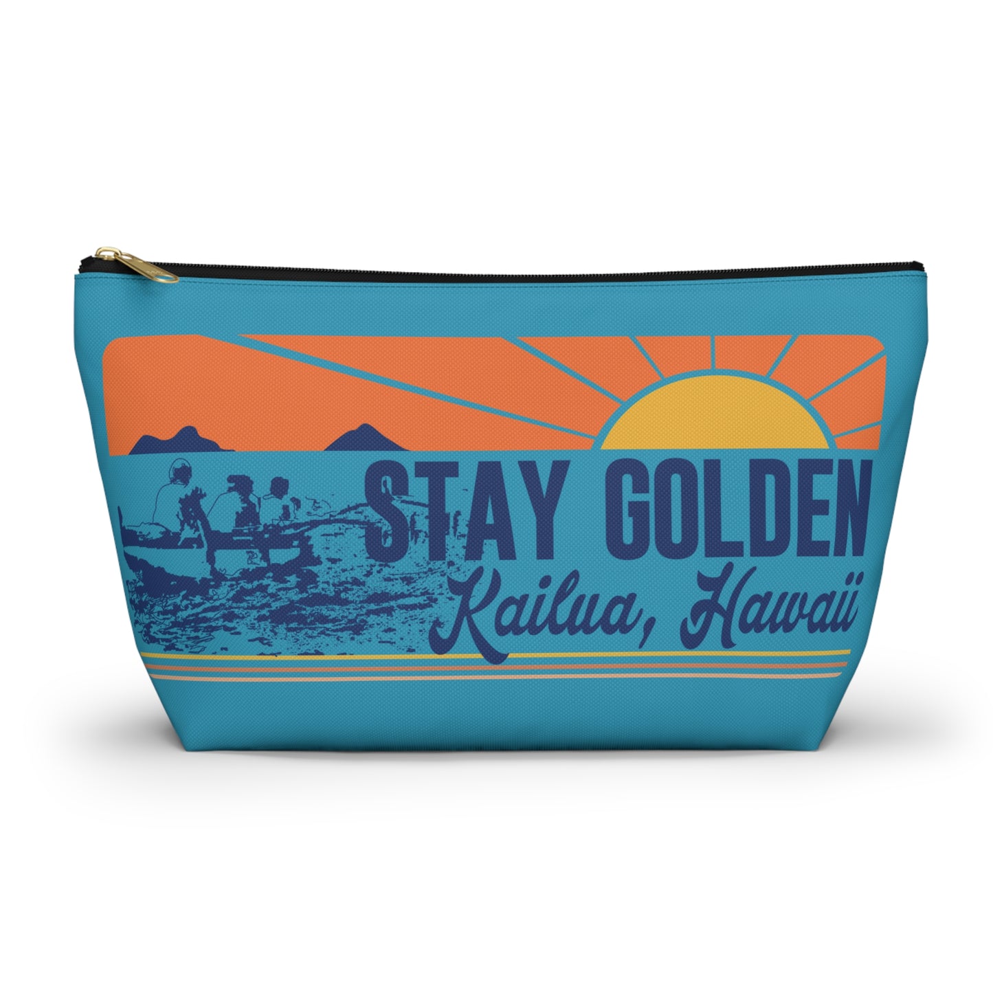 A rectangular zippered pouch with a retro sunset graphic on a turquoise background. The design features an orange and yellow sun, mountains, a fishing scene, and the text 'STAY GOLDEN' and 'Kailua, Hawaii'.