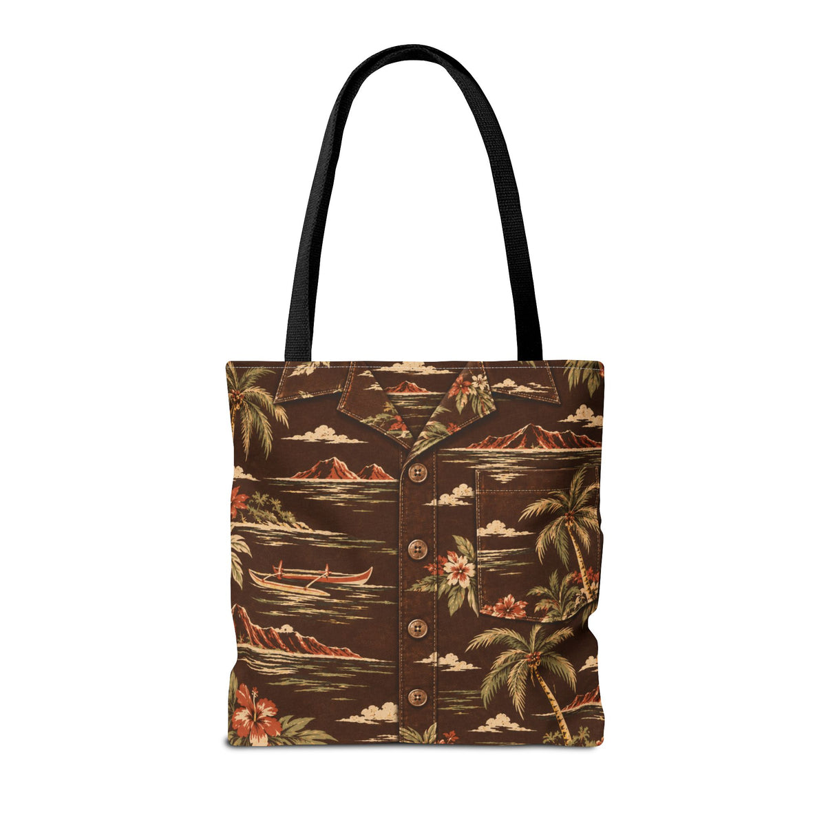 A brown Hawaiian-style tote bag with a button-front front panel, printed with a tropical island pattern featuring palm trees, canoes, mountains, and flowers, finished with black shoulder straps, shown on a plain white background.