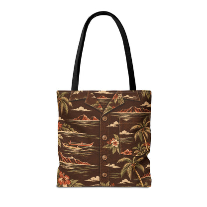 A brown Hawaiian-style tote bag with a button-front front panel, printed with a tropical island pattern featuring palm trees, canoes, mountains, and flowers, finished with black shoulder straps, shown on a plain white background.