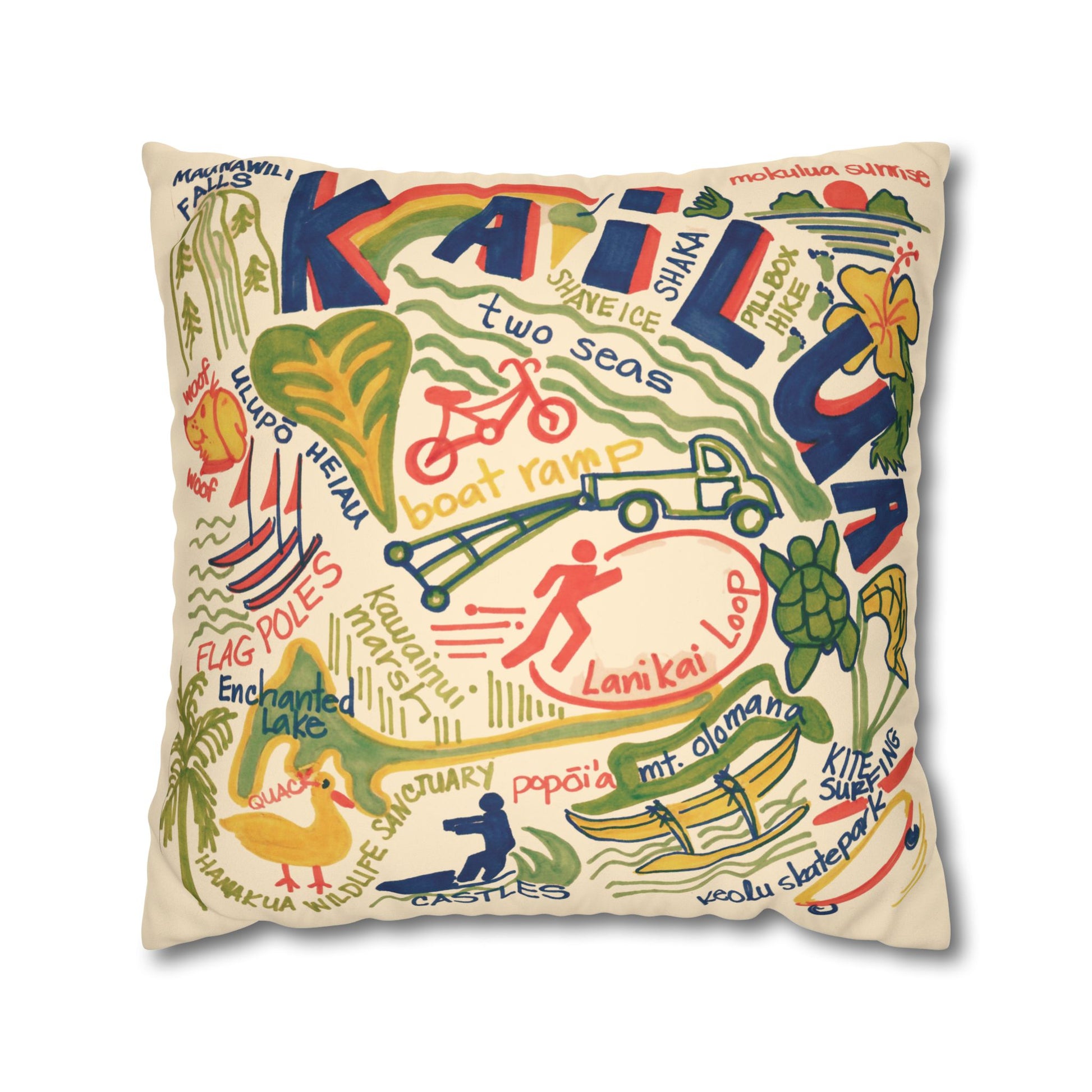 Decorative faux suede throw pillow cover featuring an original hand-drawn illustration of Kailua, Hawaii landmarks, beaches, surfing, paddling, turtles, and island icons.