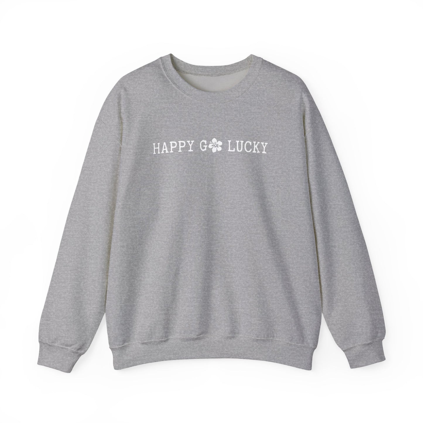 Gray sweatshirt with 'HAPPY GO LUCKY' logo on a white background