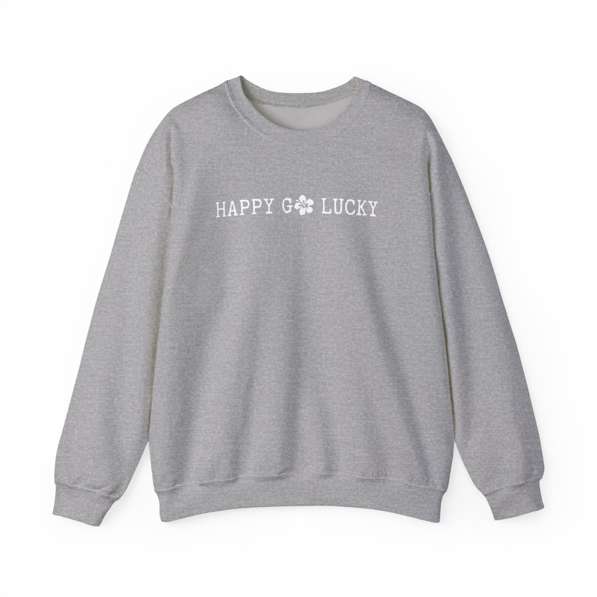 Gray sweatshirt with 'HAPPY GO LUCKY' logo on a white background